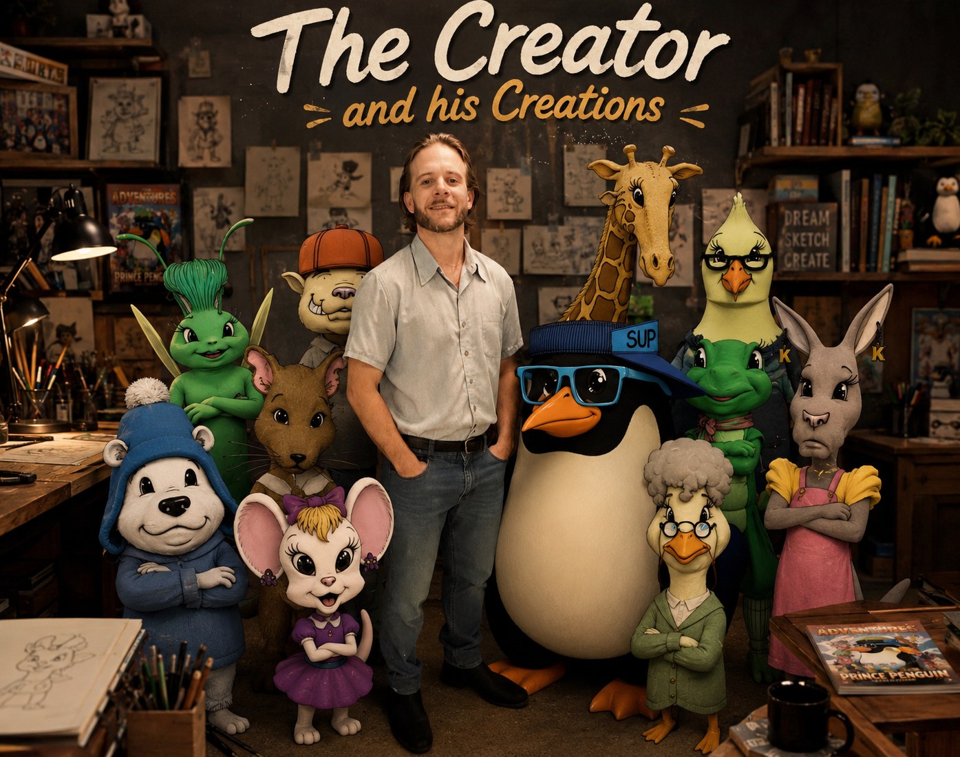Aaron M Bass in his studio surrounded by the cast of characters from his children's books