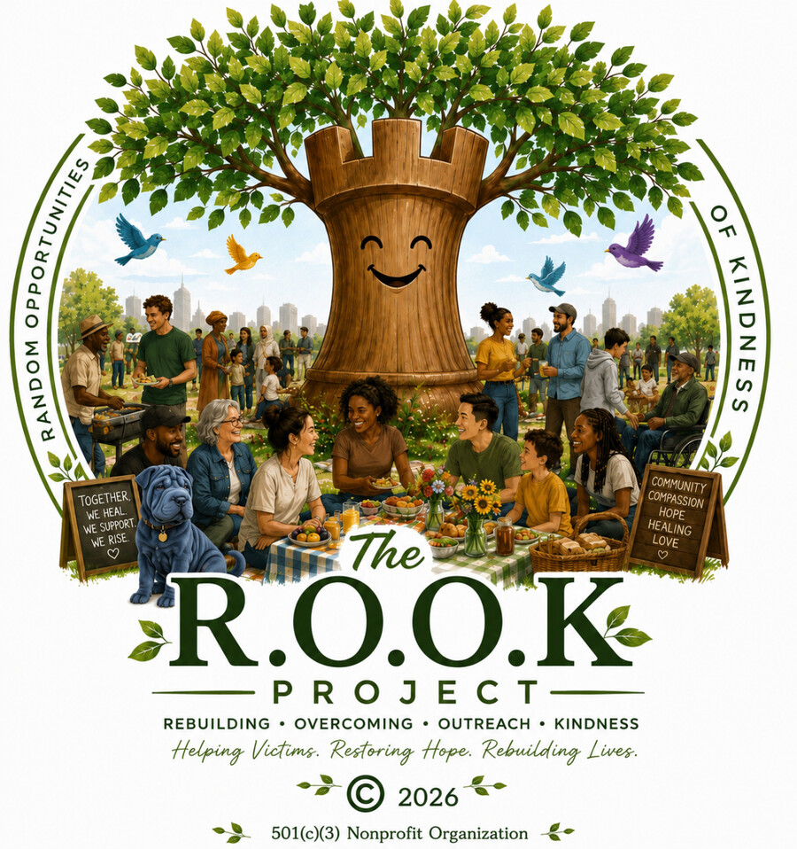The R.O.O.K. Project logo: a tree shaped like a rook standing over a community gathering, above the words Rebuilding, Overcoming, Outreach, Kindness and the line Helping Victims. Restoring Hope. Rebuilding Lives.